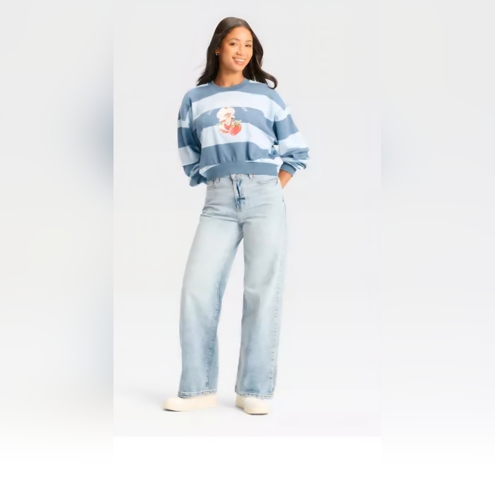 Strawberry Shortcake Cropped Fleece Graphic Sweatshirt -Striped Light Blue - Picture 2 of 12
